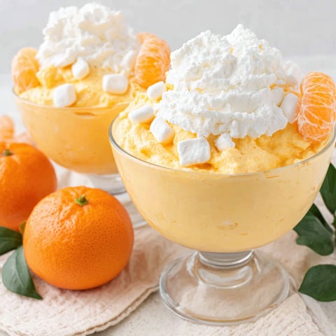 Two glasses of orange fluff with oranges on the side.