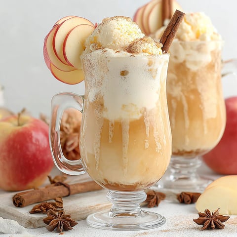 Two glasses of apple cider float with cinnamon sticks.