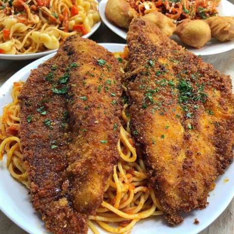 A plate of fish and spaghetti.