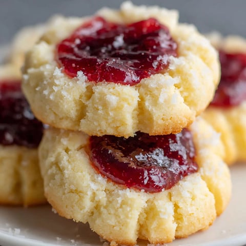 A plate of thumbprint cookies with jam in the center.