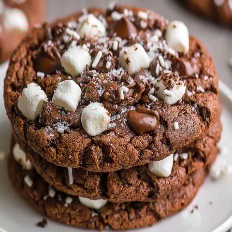 A stack of chocolate cookies with marshmallows on top.