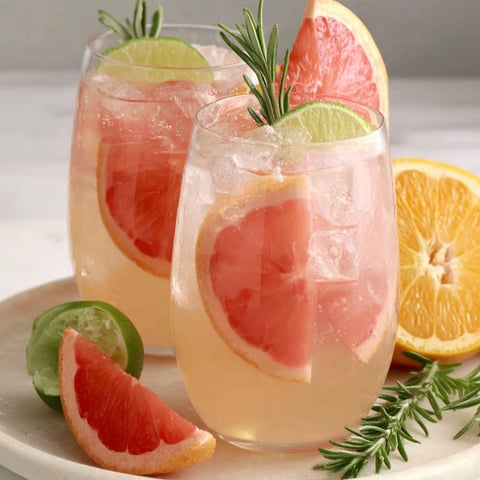 A glass of pink grapefruit juice with a slice of grapefruit and a sprig of mint.