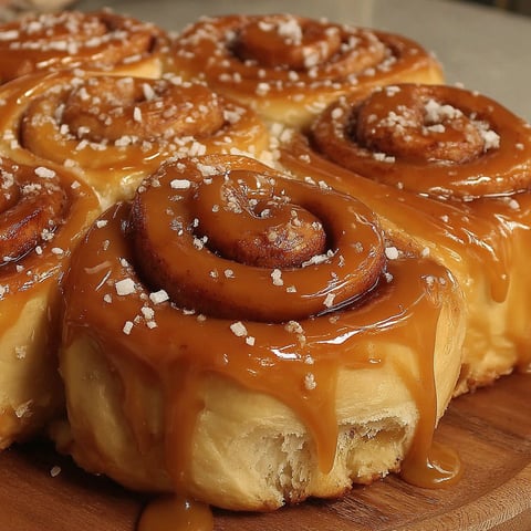 A plate of cinnamon rolls with caramel sauce drizzled on top.
