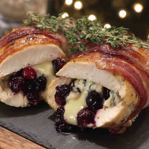 Two pieces of bacon wrapped chicken with cranberry and brie stuffing.