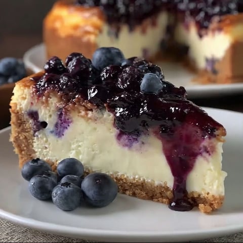 A slice of creamy blueberry cheesecake.