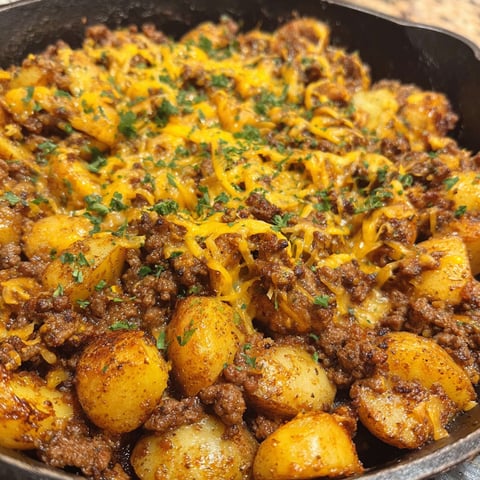 A skillet with a sloppy joe and potatoes.