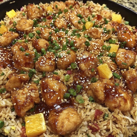 A plate of orange chicken fried rice.