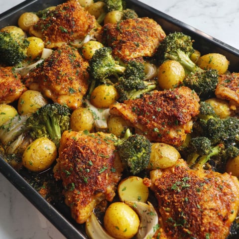 A pan of chicken thighs with broccoli and potatoes.