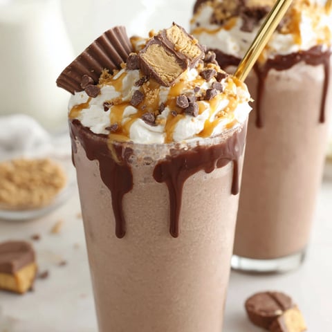 A glass of peanut butter frozen hot chocolate.