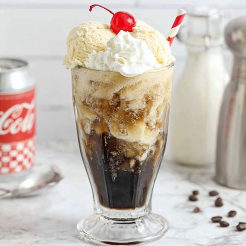 A glass of root beer float with whipped cream.