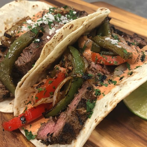 A delicious steak fajita with peppers and onions.