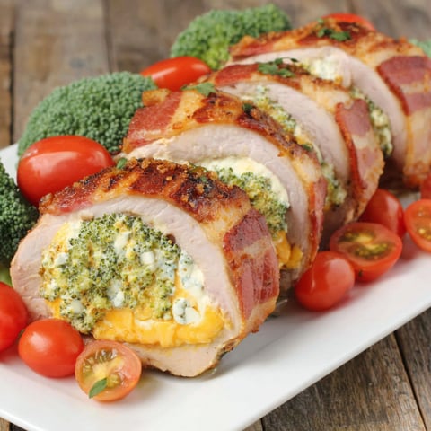 A plate of pork tenderloins with cheese and broccoli.