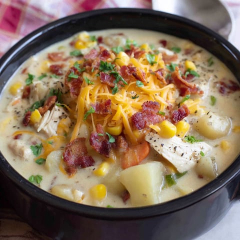 A bowl of chicken corn chowder with bacon and cheese.