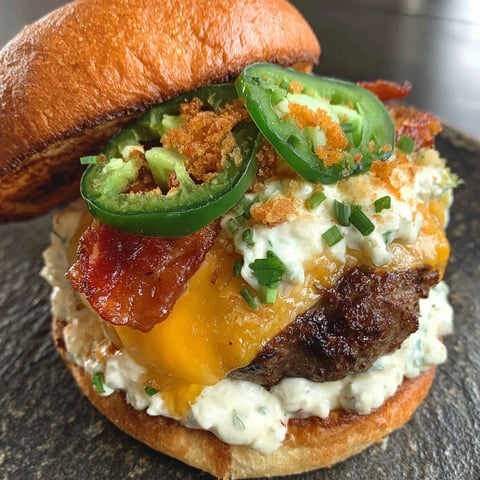 A jalapeno popper smash burger with bacon and cheese.