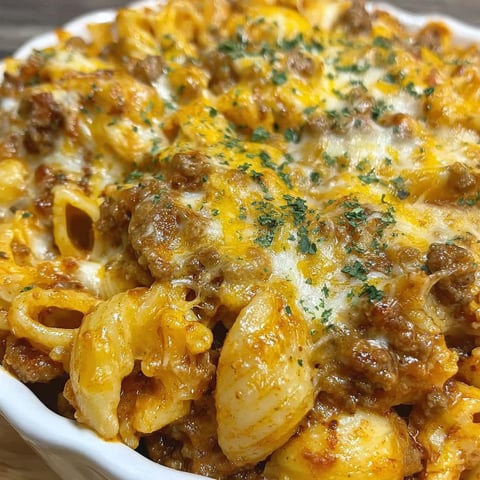 A delicious casserole dish with pasta, meat, and cheese.
