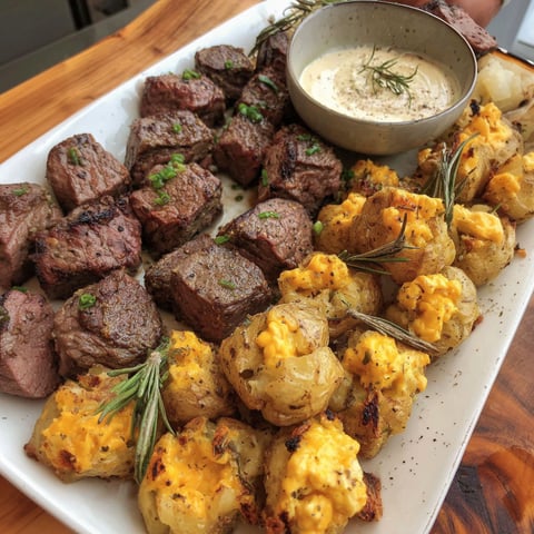 A plate of meat and potatoes.