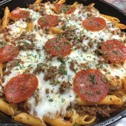 A plate of food with a cheesy pizza hamburger helper.
