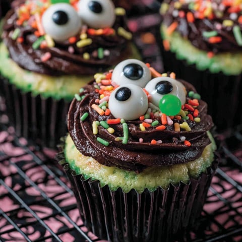 A cupcake with a green eyeball on top.