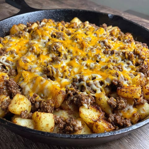 A skillet full of sloppy joe and potatoes.