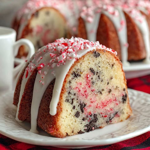 A Peppermint Bundt Cake with white icing and red sprinkles.