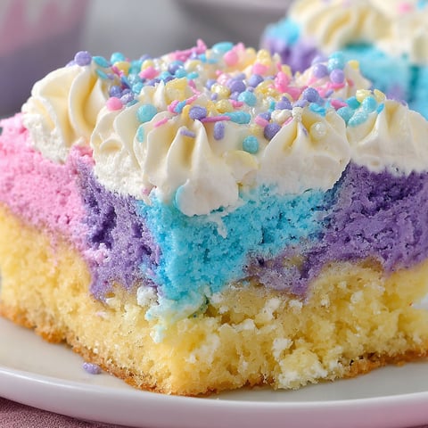 A slice of a colorful cake with white frosting and sprinkles.